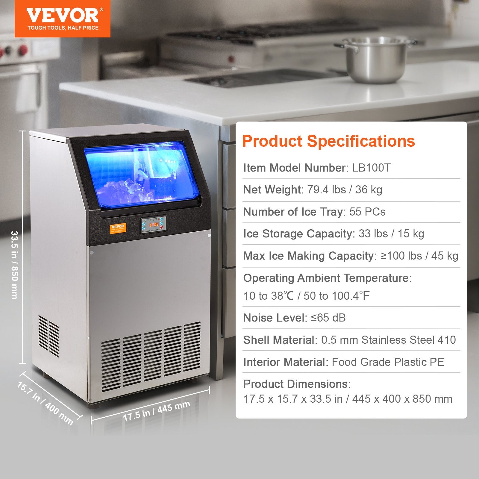 VEVOR Commercial Ice Maker, 100lbs/24H, Ice Maker Machine, 55 Ice Cubes in 12-15 Minutes, Freestanding Cabinet Ice Maker with 33lbs Storage Capacity LED Digital Display, for Bar Home Office Restaurant 