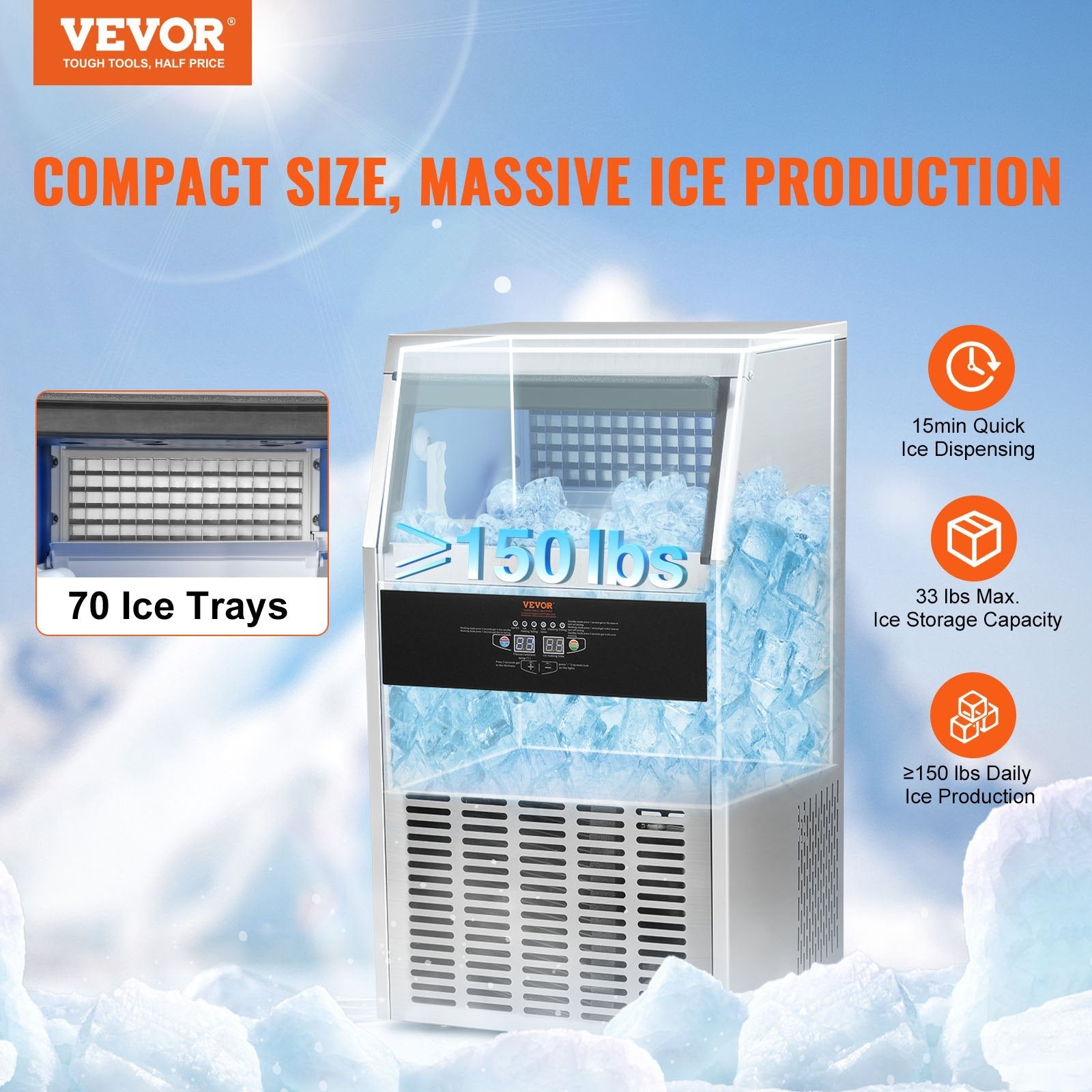 VEVOR Commercial Ice Maker, 150lbs/24H, Ice Maker Machine, 70 Ice Cubes in 12-15 Minutes, Freestanding Cabinet Ice Maker with 33lbs Storage Capacity LED Digital Display, for Bar Home Office Restaurant 