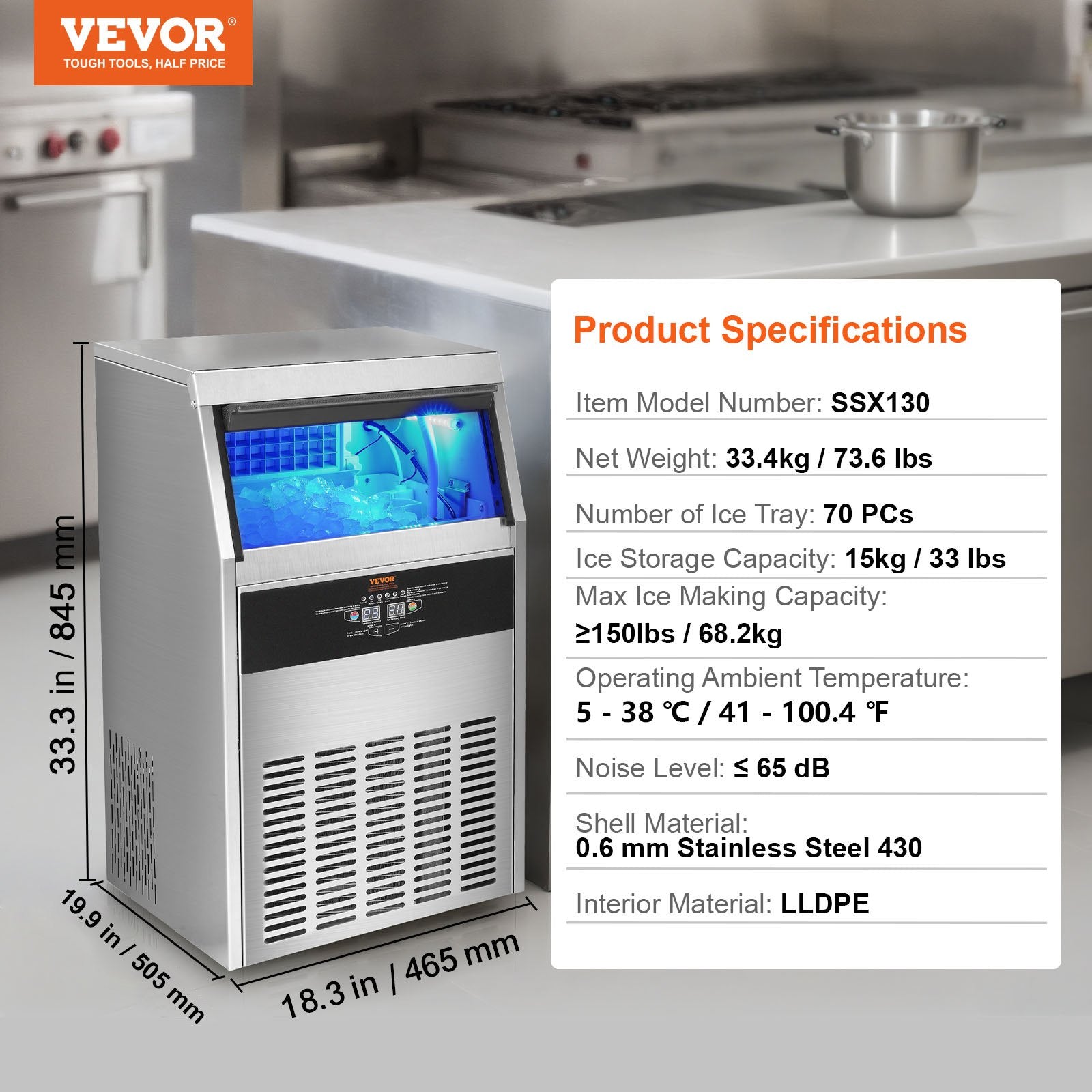 VEVOR Commercial Ice Maker, 150lbs/24H, Ice Maker Machine, 70 Ice Cubes in 12-15 Minutes, Freestanding Cabinet Ice Maker with 33lbs Storage Capacity LED Digital Display, for Bar Home Office Restaurant 