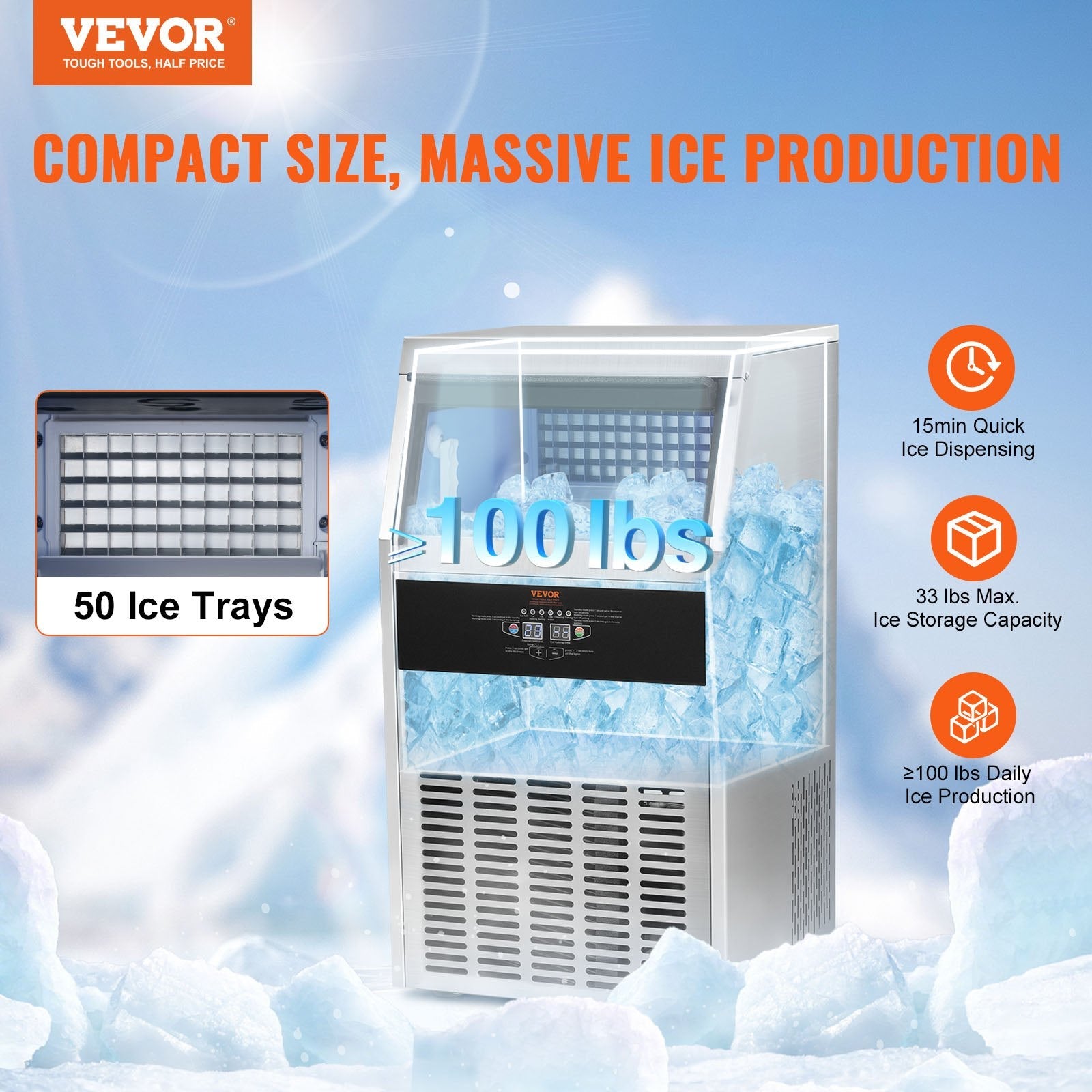 VEVOR Commercial Ice Maker, 100lbs/24H, Ice Maker Machine, 50 Ice Cubes in 12-15 Minutes, Freestanding Cabinet Ice Maker with 33lbs Storage Capacity LED Digital Display, for Bar Home Office Restaurant 