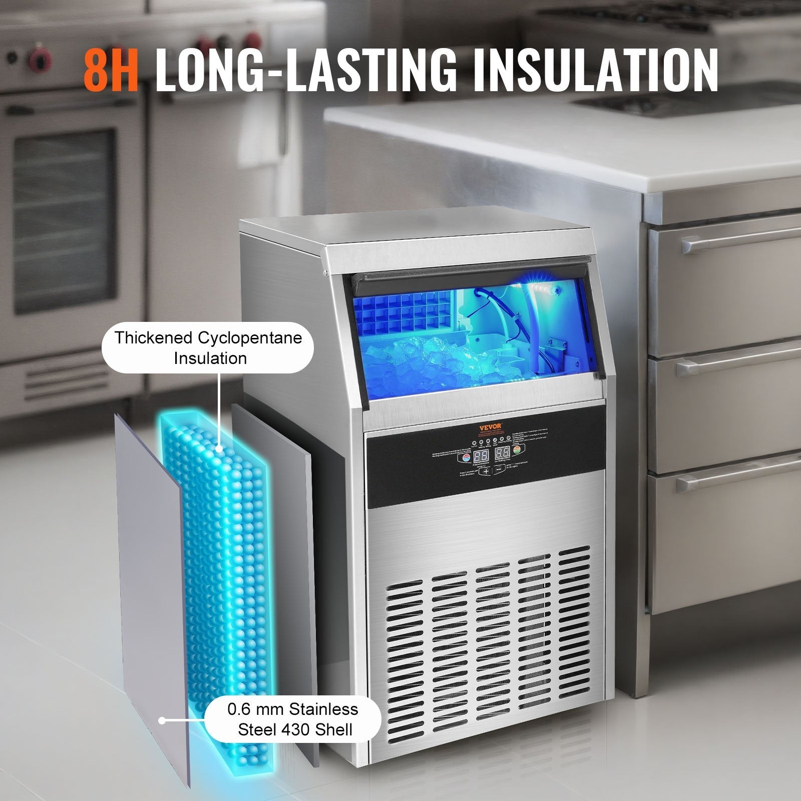 VEVOR Commercial Ice Maker, 100lbs/24H, Ice Maker Machine, 50 Ice Cubes in 12-15 Minutes, Freestanding Cabinet Ice Maker with 33lbs Storage Capacity LED Digital Display, for Bar Home Office Restaurant 