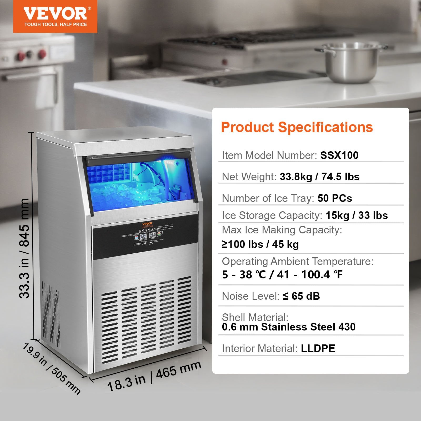 VEVOR Commercial Ice Maker, 100lbs/24H, Ice Maker Machine, 50 Ice Cubes in 12-15 Minutes, Freestanding Cabinet Ice Maker with 33lbs Storage Capacity LED Digital Display, for Bar Home Office Restaurant 
