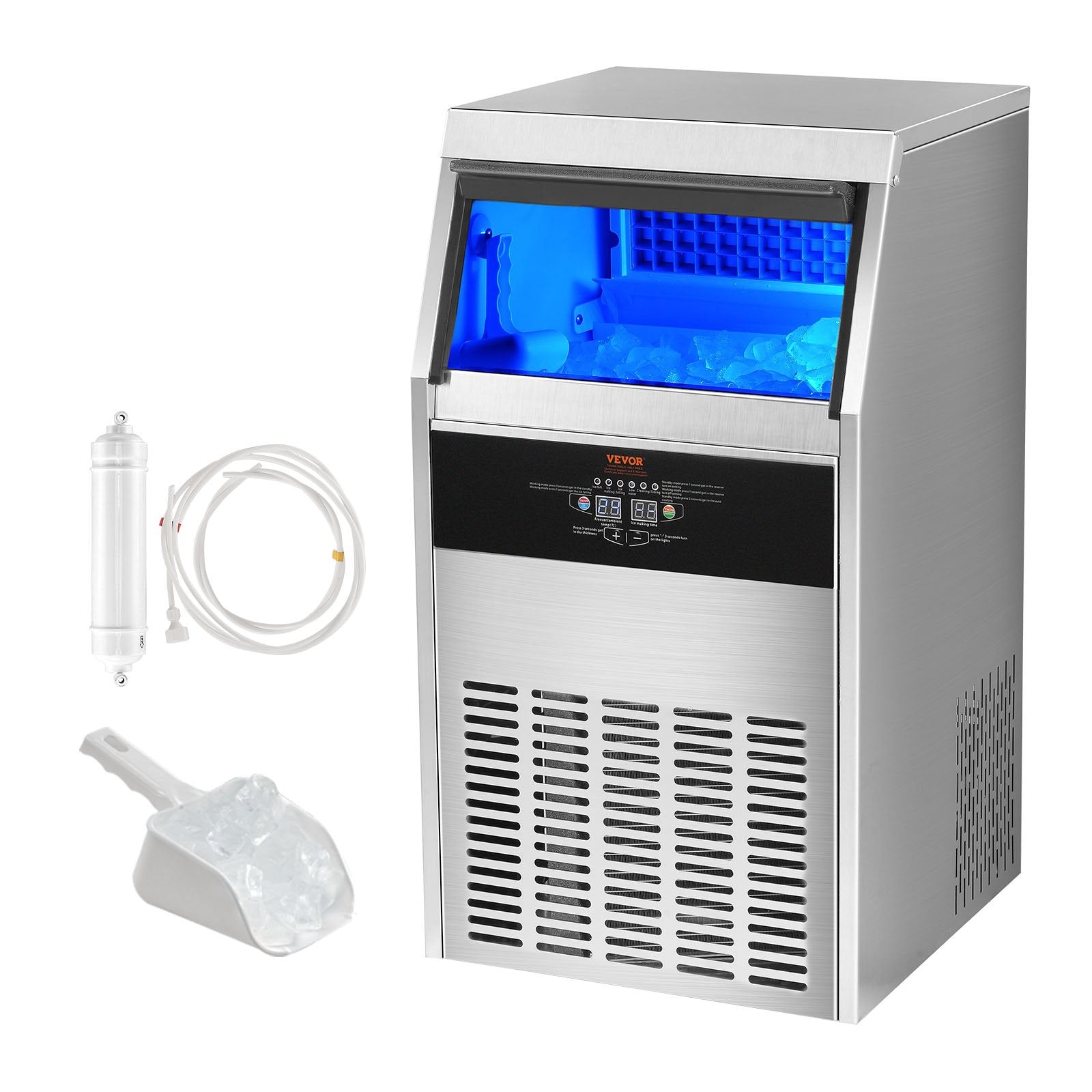 VEVOR Commercial Ice Maker, 100lbs/24H, Ice Maker Machine, 50 Ice Cubes in 12-15 Minutes, Freestanding Cabinet Ice Maker with 33lbs Storage Capacity LED Digital Display, for Bar Home Office Restaurant 