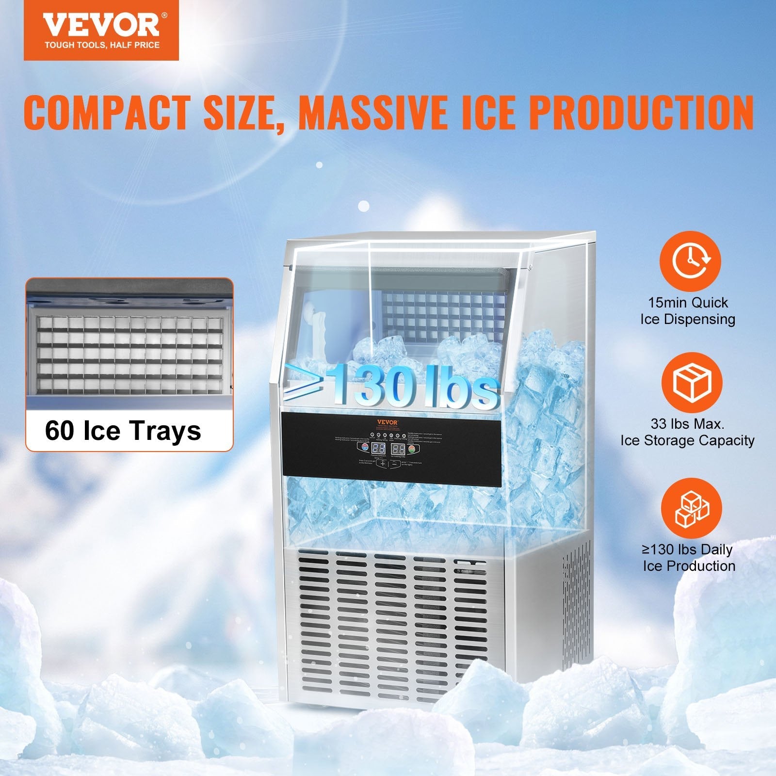 VEVOR Commercial Ice Maker, 130lbs/24H, Ice Maker Machine, 60 Ice Cubes in 12-15 Minutes, Freestanding Cabinet Ice Maker with 33lbs Storage Capacity LED Digital Display, for Bar Home Office Restaurant 