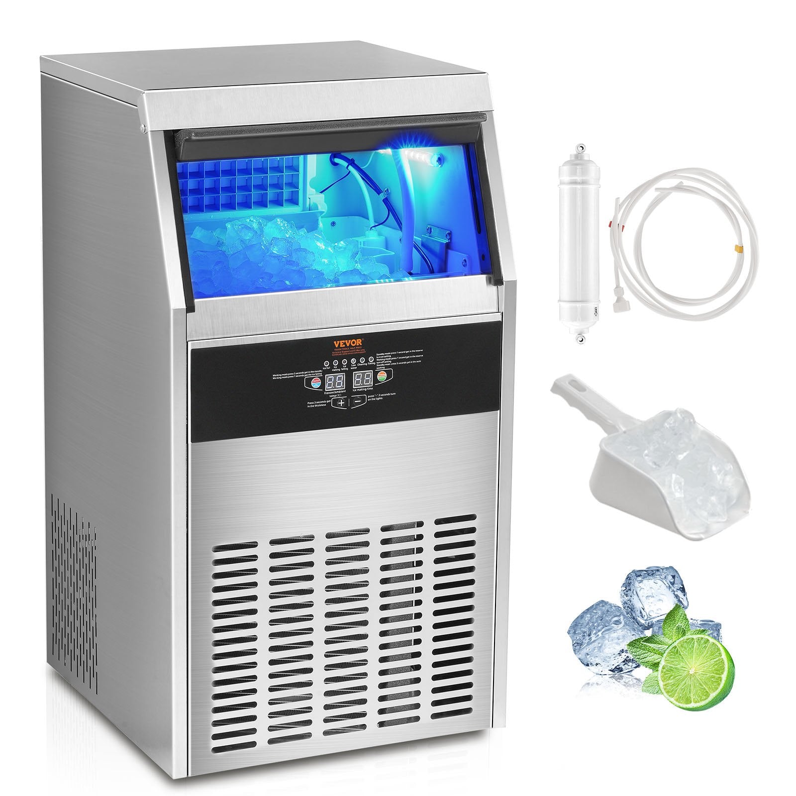 VEVOR Commercial Ice Maker, 130lbs/24H, Ice Maker Machine, 60 Ice Cubes in 12-15 Minutes, Freestanding Cabinet Ice Maker with 33lbs Storage Capacity LED Digital Display, for Bar Home Office Restaurant 