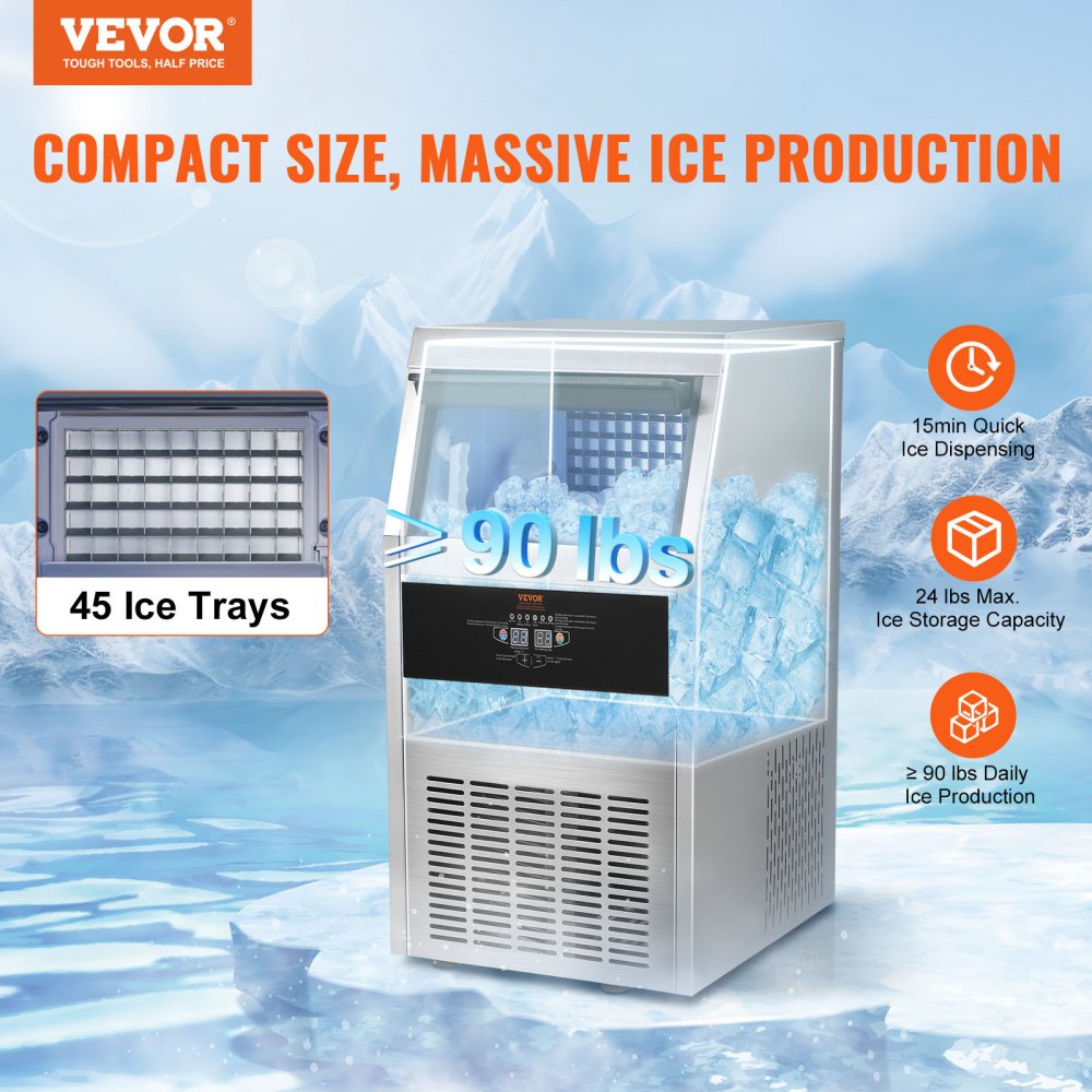 VEVOR Commercial Ice Maker, 90lbs/24H, Ice Maker Machine, 45 Ice Cubes in 12-15 Minutes, Freestanding Cabinet Ice Maker with 24lbs Storage Capacity LED Digital Display, for Bar Home Office Restaurant 