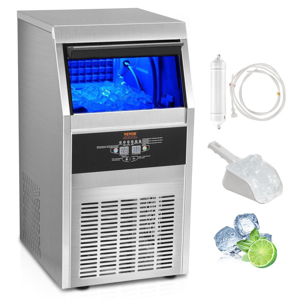 VEVOR Commercial Ice Maker, 90lbs/24H, Ice Maker Machine, 45 Ice Cubes in 12-15 Minutes, Freestanding Cabinet Ice Maker with 24lbs Storage Capacity LED Digital Display, for Bar Home Office Restaurant 