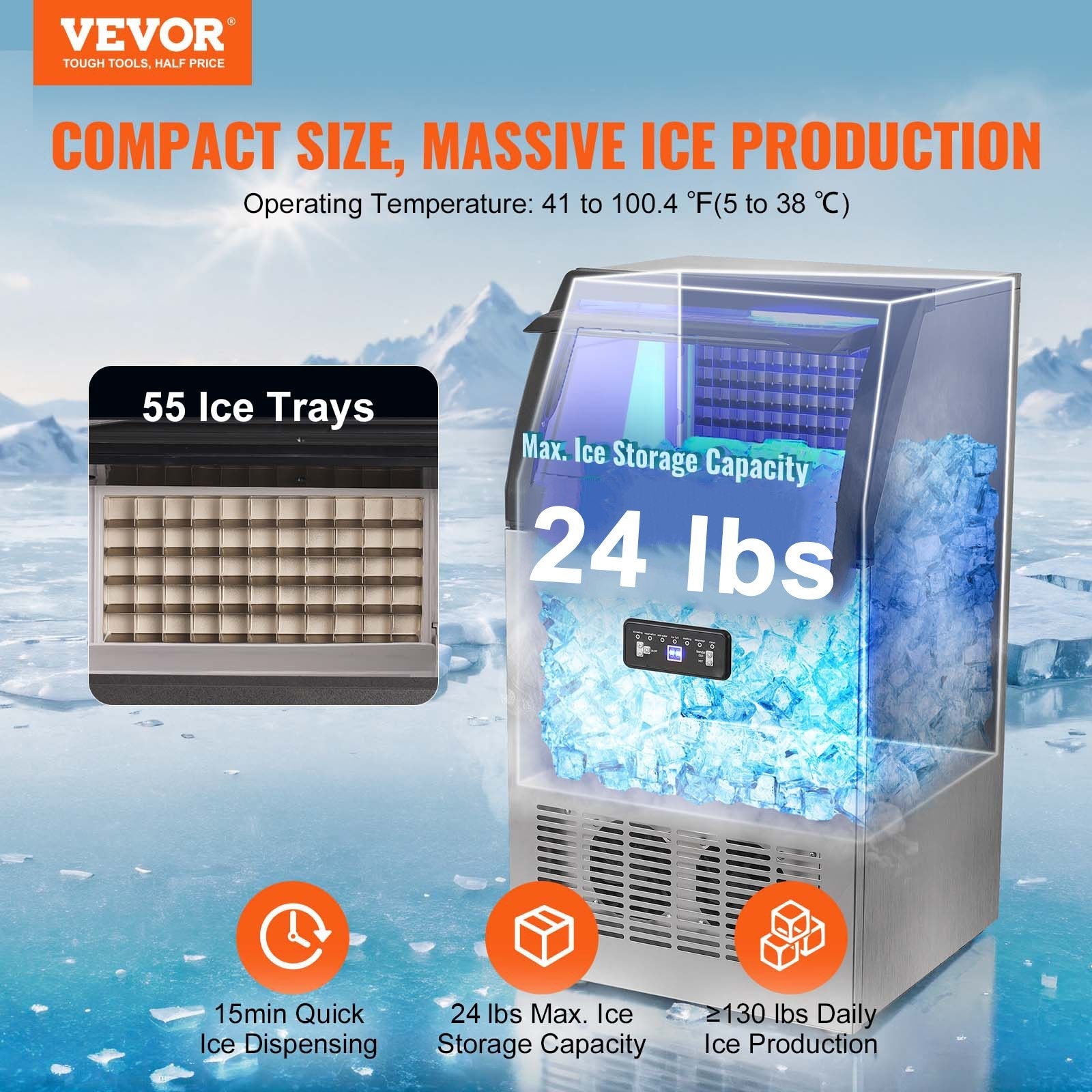 VEVOR Commercial Ice Maker, 130lbs/24H, Ice Maker Machine, 55 Ice Cubes in 12-15 Minutes, Freestanding Cabinet Ice Maker with 24lbs Storage Capacity LED Digital Display, for Bar Home Office Restaurant 