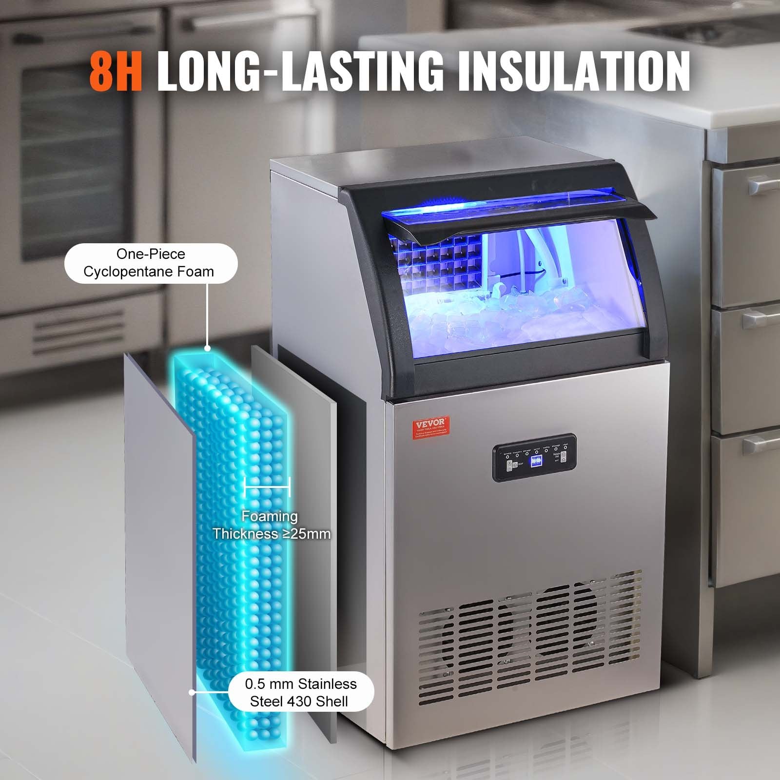 VEVOR Commercial Ice Maker, 130lbs/24H, Ice Maker Machine, 55 Ice Cubes in 12-15 Minutes, Freestanding Cabinet Ice Maker with 24lbs Storage Capacity LED Digital Display, for Bar Home Office Restaurant 