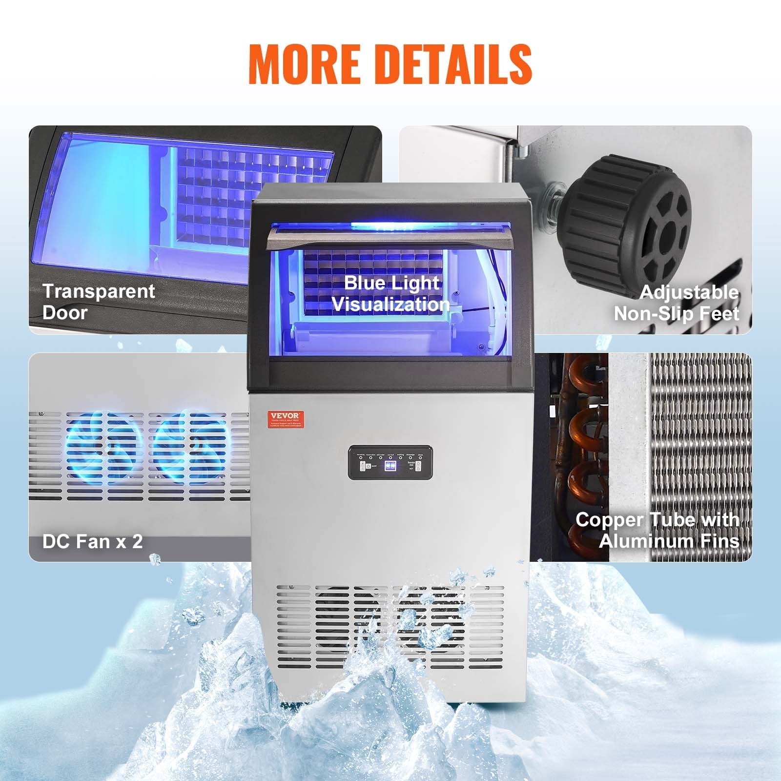 VEVOR Commercial Ice Maker, 130lbs/24H, Ice Maker Machine, 55 Ice Cubes in 12-15 Minutes, Freestanding Cabinet Ice Maker with 24lbs Storage Capacity LED Digital Display, for Bar Home Office Restaurant 