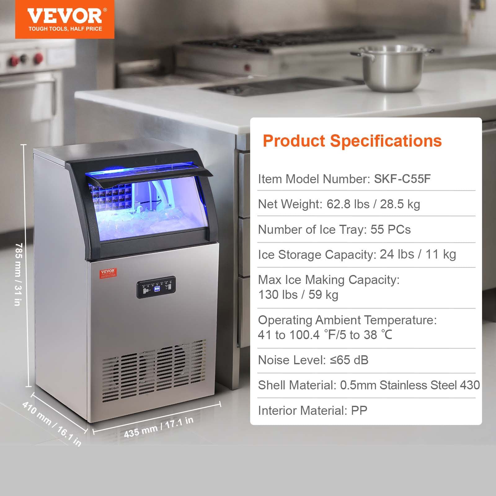VEVOR Commercial Ice Maker, 130lbs/24H, Ice Maker Machine, 55 Ice Cubes in 12-15 Minutes, Freestanding Cabinet Ice Maker with 24lbs Storage Capacity LED Digital Display, for Bar Home Office Restaurant 