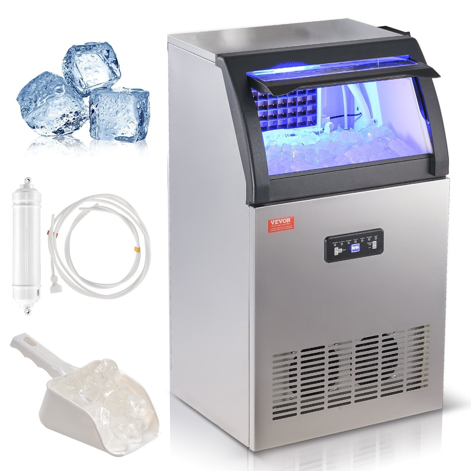 VEVOR Commercial Ice Maker, 130lbs/24H, Ice Maker Machine, 55 Ice Cubes in 12-15 Minutes, Freestanding Cabinet Ice Maker with 24lbs Storage Capacity LED Digital Display, for Bar Home Office Restaurant 