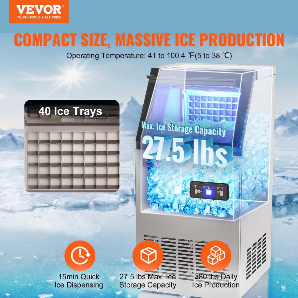 VEVOR Commercial Ice Maker, 80lbs/24H, Ice Maker Machine, 40 Ice Cubes in 12-15 Minutes, Freestanding Cabinet Ice Maker with 27.5lbs Storage Capacity LED Digital Display,for Bar Home Office Restaurant 