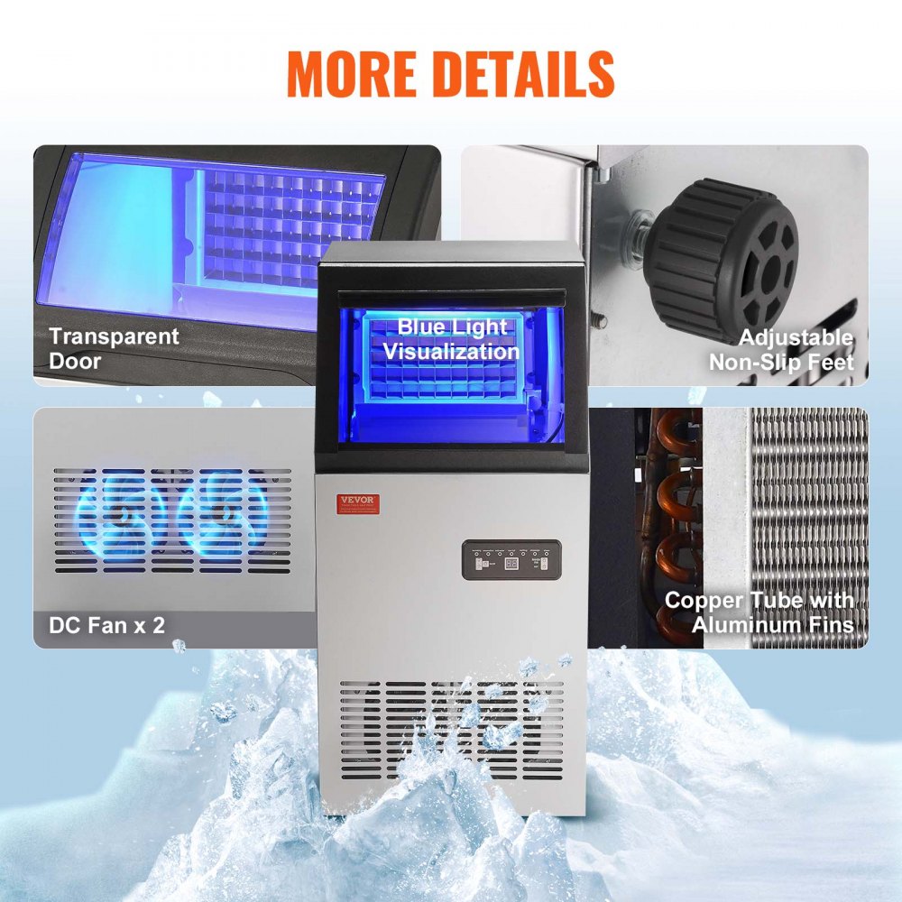 VEVOR Commercial Ice Maker, 80lbs/24H, Ice Maker Machine, 40 Ice Cubes in 12-15 Minutes, Freestanding Cabinet Ice Maker with 27.5lbs Storage Capacity LED Digital Display,for Bar Home Office Restaurant 