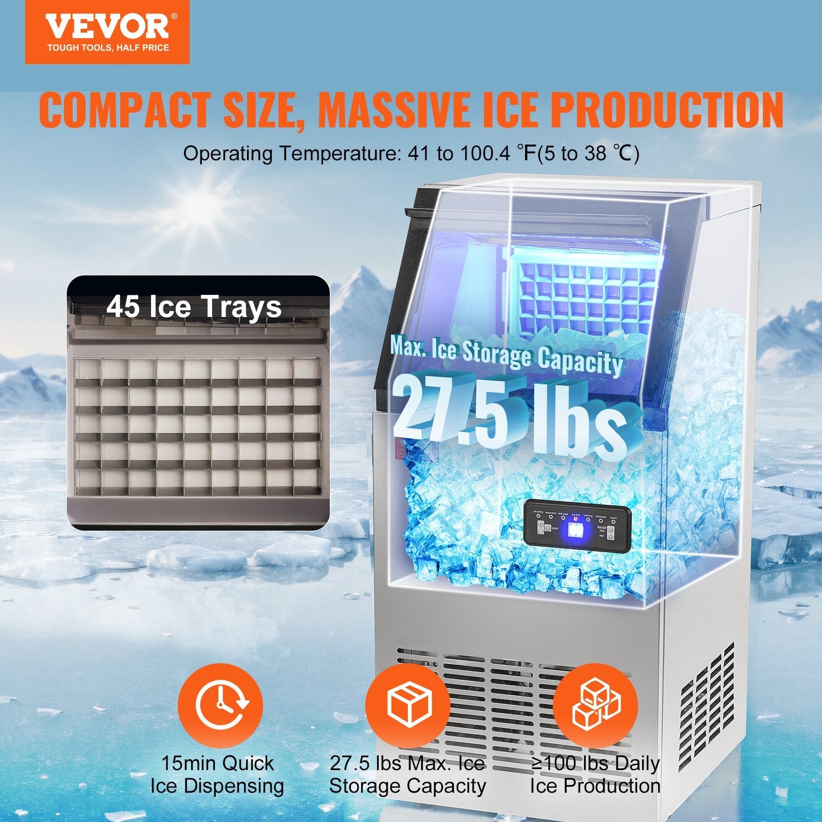 VEVOR Commercial Ice Maker, 100 lbs/24H, Ice Maker Machine, 45 Ice Cubes in 12-15 Minutes, Freestanding Cabinet Ice Maker with 27.5 lbs Storage Capacity LED Digital Display, for Home Office Restaurant 