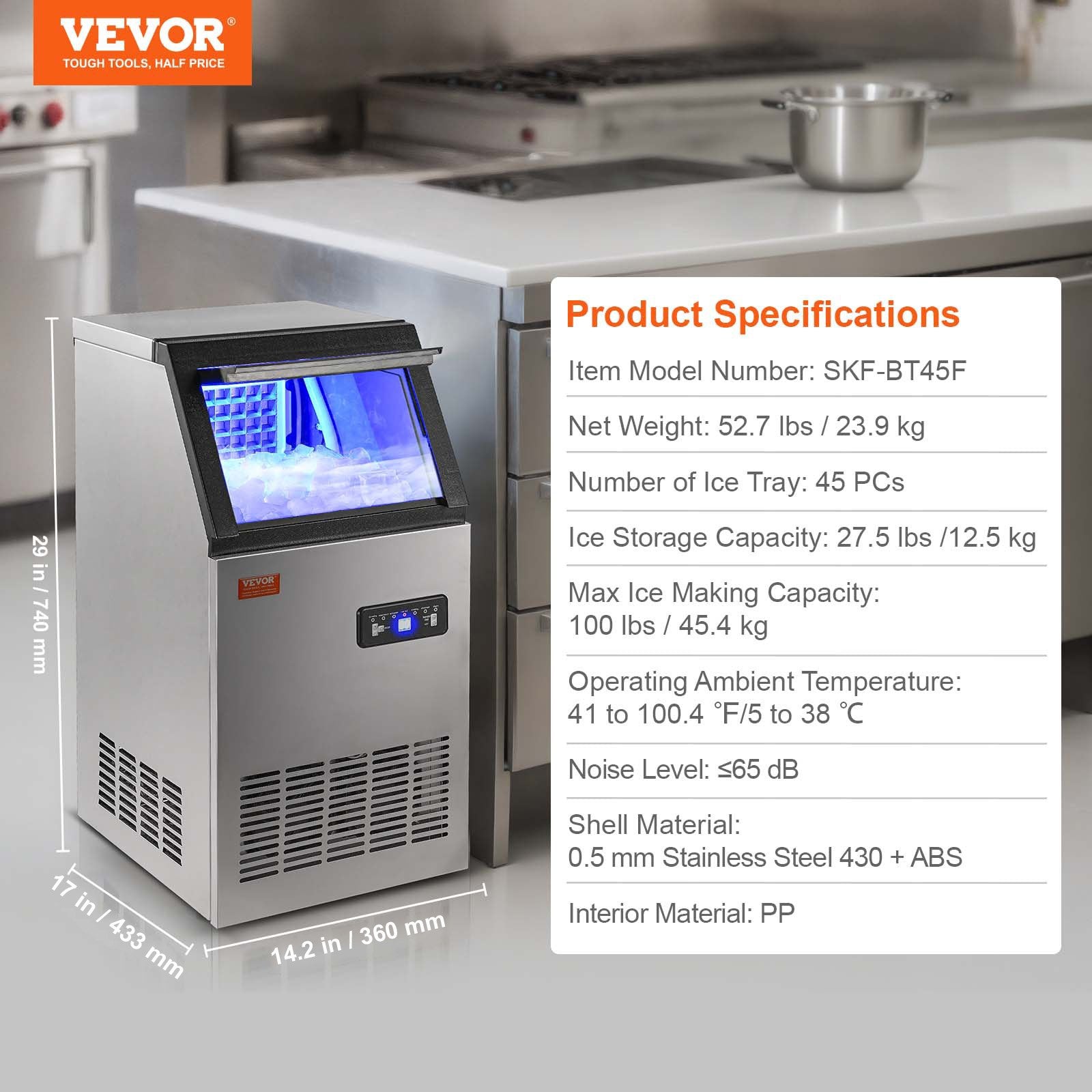 VEVOR Commercial Ice Maker, 100 lbs/24H, Ice Maker Machine, 45 Ice Cubes in 12-15 Minutes, Freestanding Cabinet Ice Maker with 27.5 lbs Storage Capacity LED Digital Display, for Home Office Restaurant 