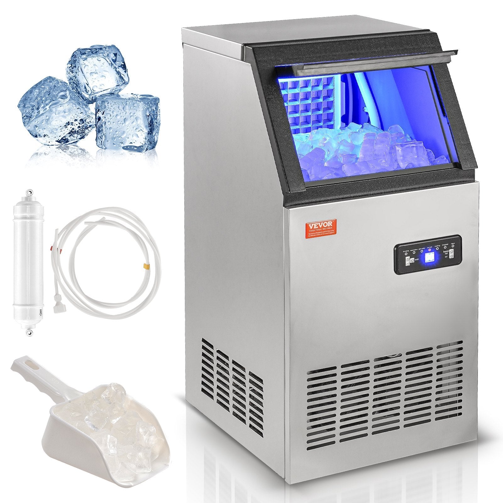 VEVOR Commercial Ice Maker, 100 lbs/24H, Ice Maker Machine, 45 Ice Cubes in 12-15 Minutes, Freestanding Cabinet Ice Maker with 27.5 lbs Storage Capacity LED Digital Display, for Home Office Restaurant 
