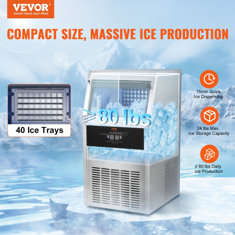 VEVOR Commercial Ice Maker, 80lbs/24H, Ice Maker Machine, 40 Ice Cubes in 12-15 Minutes, Freestanding Cabinet Ice Maker with 24lbs Storage Capacity LED Digital Display, for Bar Home Office Restaurant 