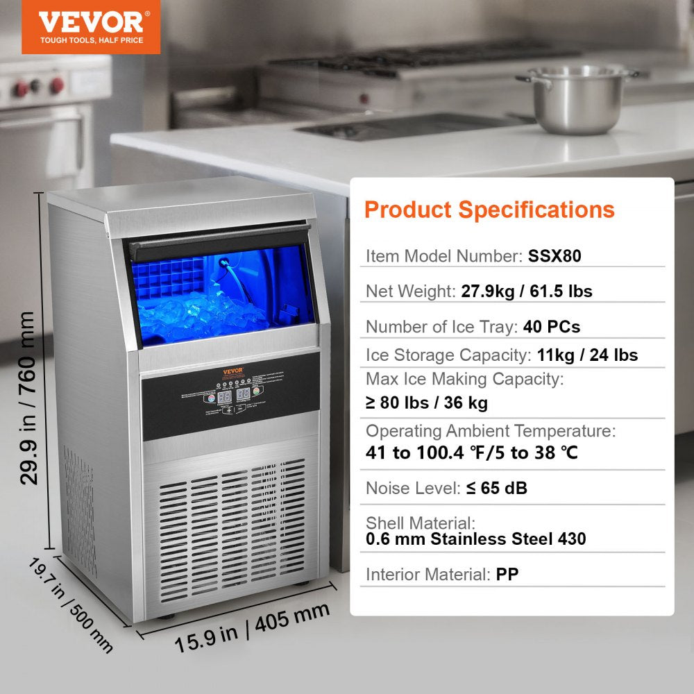 VEVOR Commercial Ice Maker, 80lbs/24H, Ice Maker Machine, 40 Ice Cubes in 12-15 Minutes, Freestanding Cabinet Ice Maker with 24lbs Storage Capacity LED Digital Display, for Bar Home Office Restaurant 