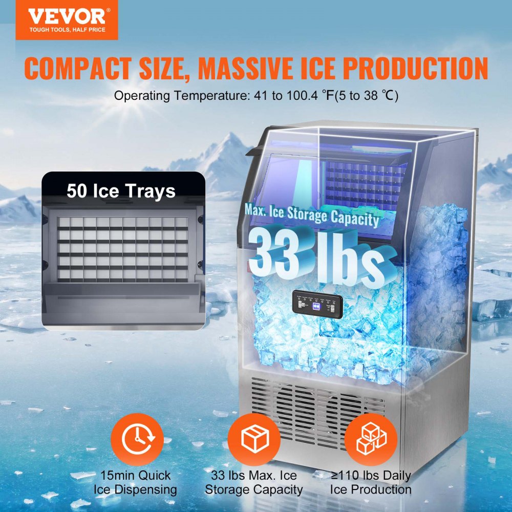 VEVOR Commercial Ice Maker, 110lbs/24H, Ice Maker Machine, 50 Ice Cubes in 12-15 Minutes, Freestanding Cabinet Ice Maker with 33lbs Storage Capacity LED Digital Display, for Bar Home Office Restaurant 