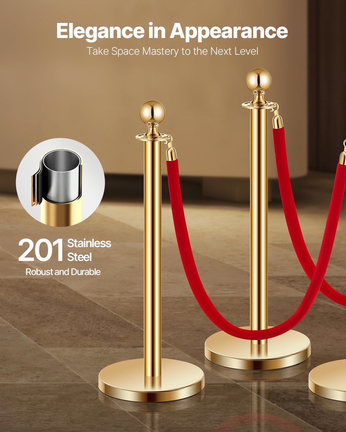 VEVOR 4 Pcs Gold Stanchion Post 2 Red Velvet Ropes Sand Injection Hollow Base 