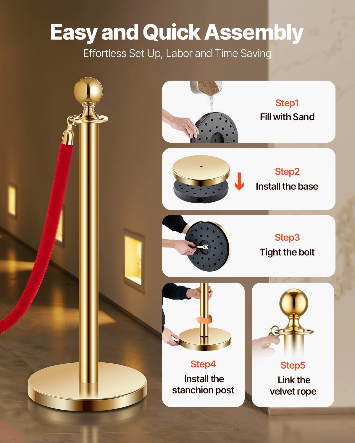 VEVOR 4 Pcs Gold Stanchion Post 2 Red Velvet Ropes Sand Injection Hollow Base 