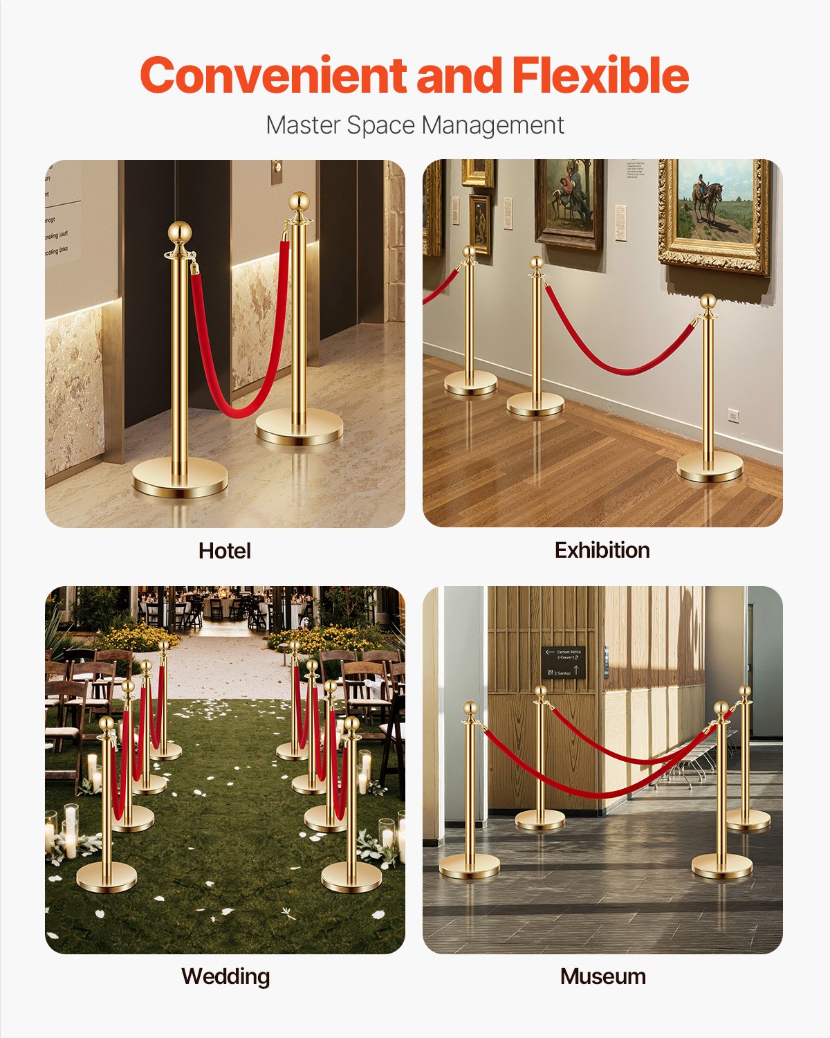VEVOR 4 Pcs Gold Stanchion Post 2 Red Velvet Ropes Sand Injection Hollow Base 