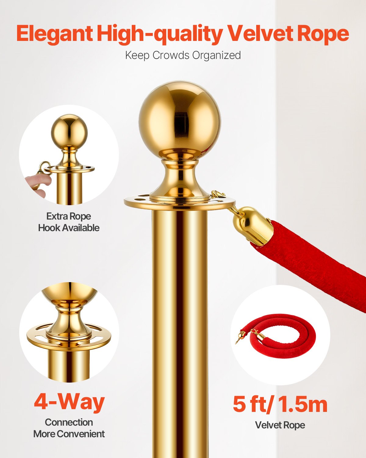 VEVOR 4 Pcs Gold Stanchion Post 2 Red Velvet Ropes Sand Injection Hollow Base 