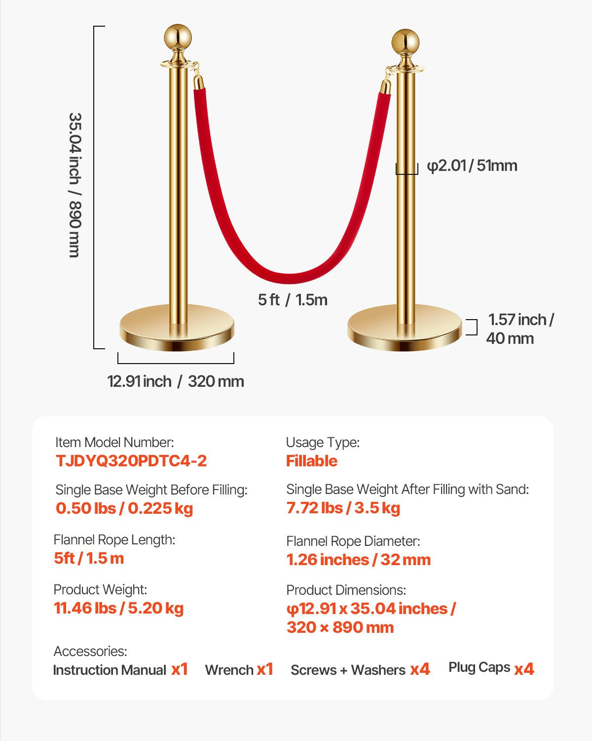 VEVOR 4 Pcs Gold Stanchion Post 2 Red Velvet Ropes Sand Injection Hollow Base 