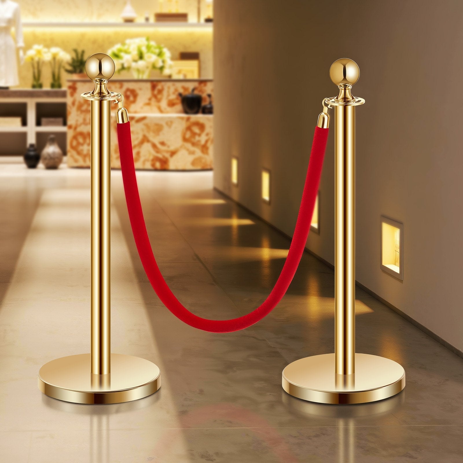 VEVOR 4 Pcs Gold Stanchion Post 2 Red Velvet Ropes Sand Injection Hollow Base 