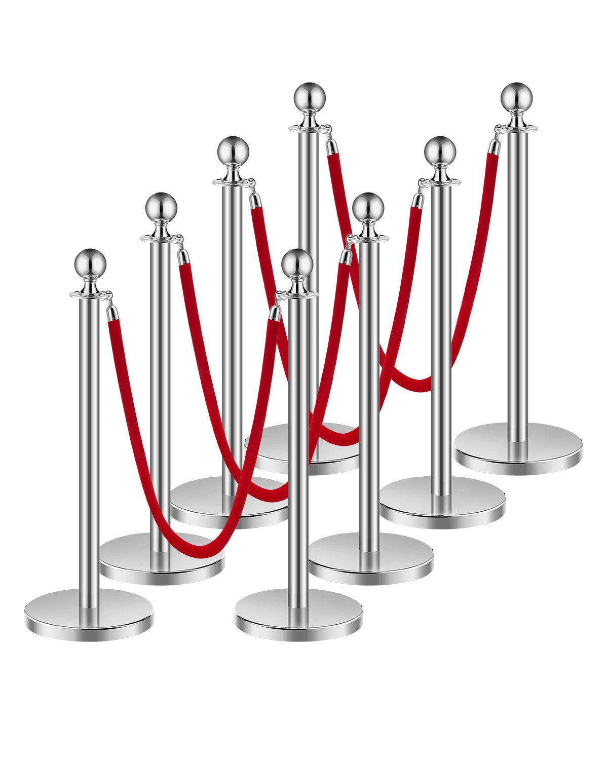 VEVOR 8 Pcs Silver Stanchion Post 4 Red Velvet Ropes Sand Injection Hollow Base 