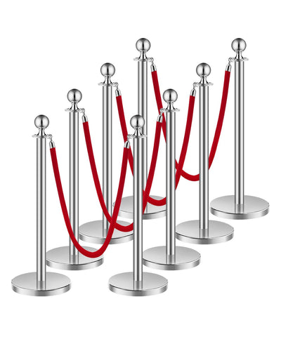 VEVOR 8 Pcs Silver Stanchion Post 4 Red Velvet Ropes Sand Injection Hollow Base 