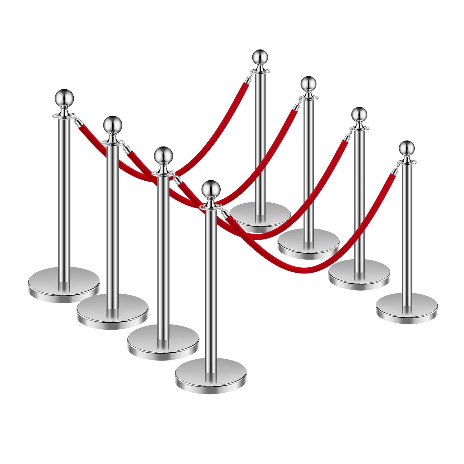 VEVOR 8 Pcs Silver Stanchion Post 4 Red Velvet Ropes Sand Injection Hollow Base 