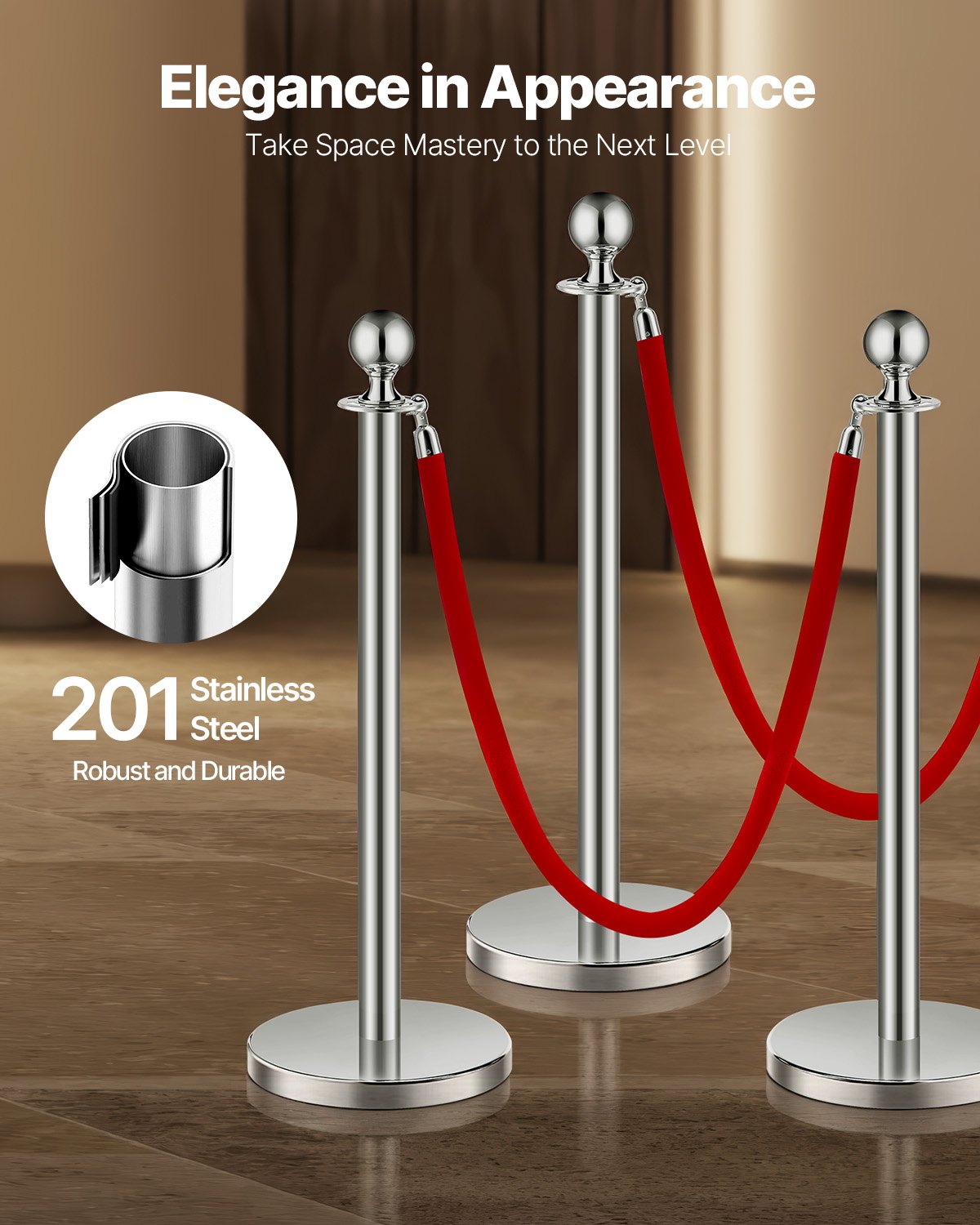 VEVOR 4 Pcs Silver Stanchion Post 2 Red Velvet Ropes Sand Injection Hollow Base 
