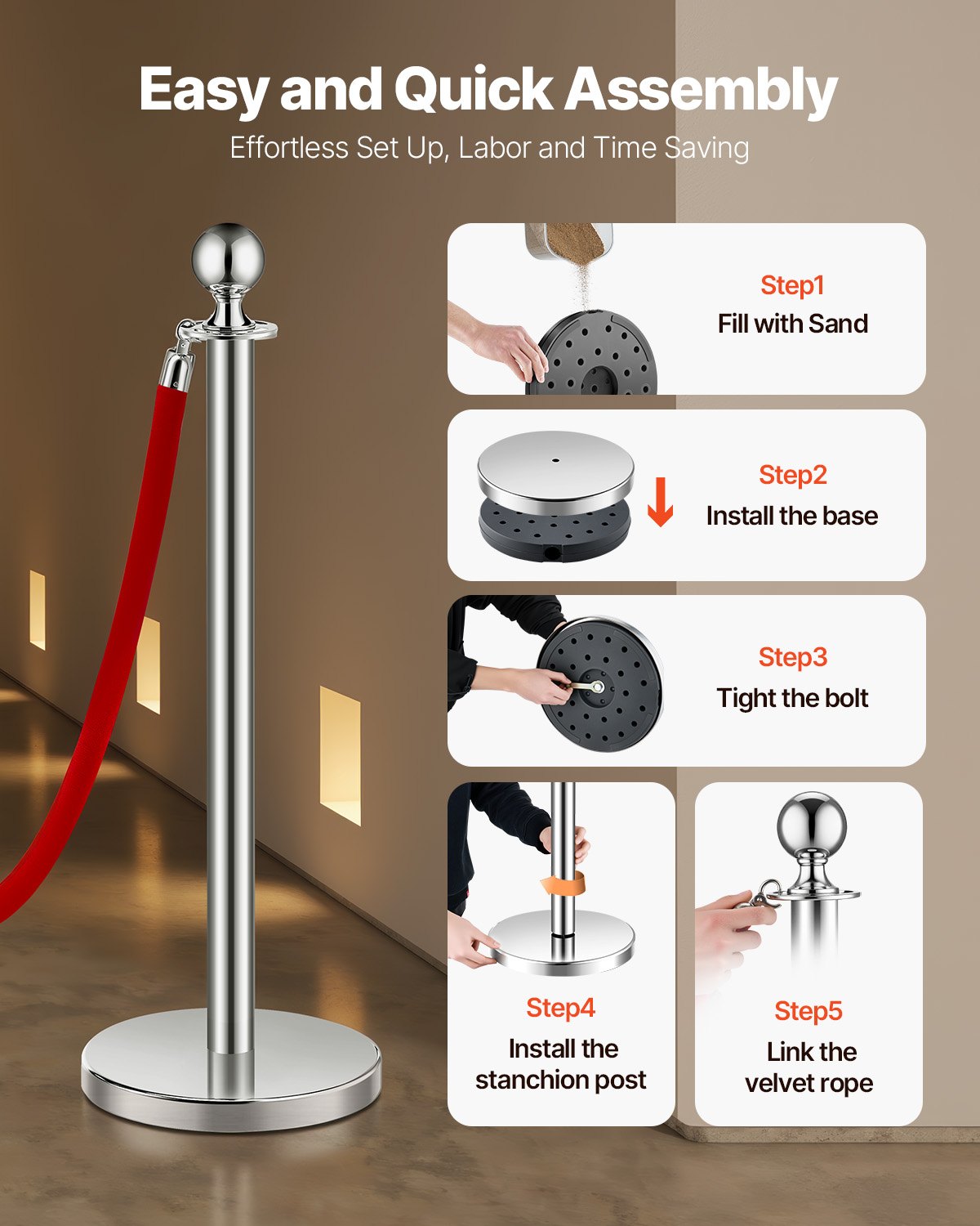 VEVOR 4 Pcs Silver Stanchion Post 2 Red Velvet Ropes Sand Injection Hollow Base 