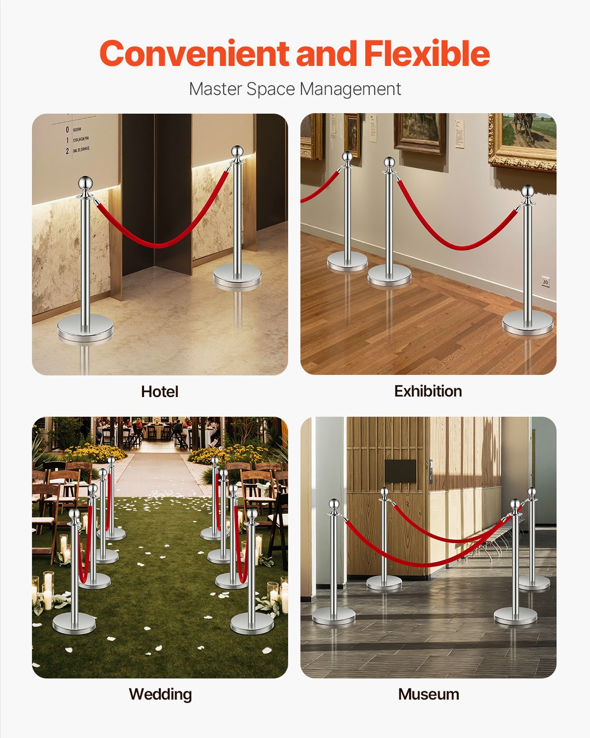 VEVOR 4 Pcs Silver Stanchion Post 2 Red Velvet Ropes Sand Injection Hollow Base 