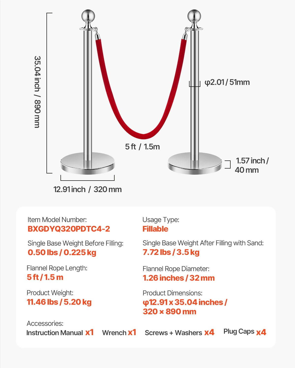 VEVOR 4 Pcs Silver Stanchion Post 2 Red Velvet Ropes Sand Injection Hollow Base 
