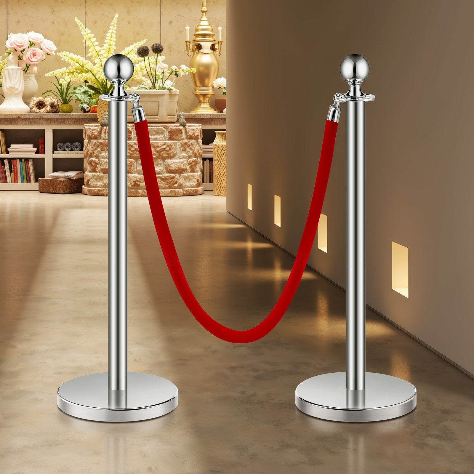 VEVOR 4 Pcs Silver Stanchion Post 2 Red Velvet Ropes Sand Injection Hollow Base 