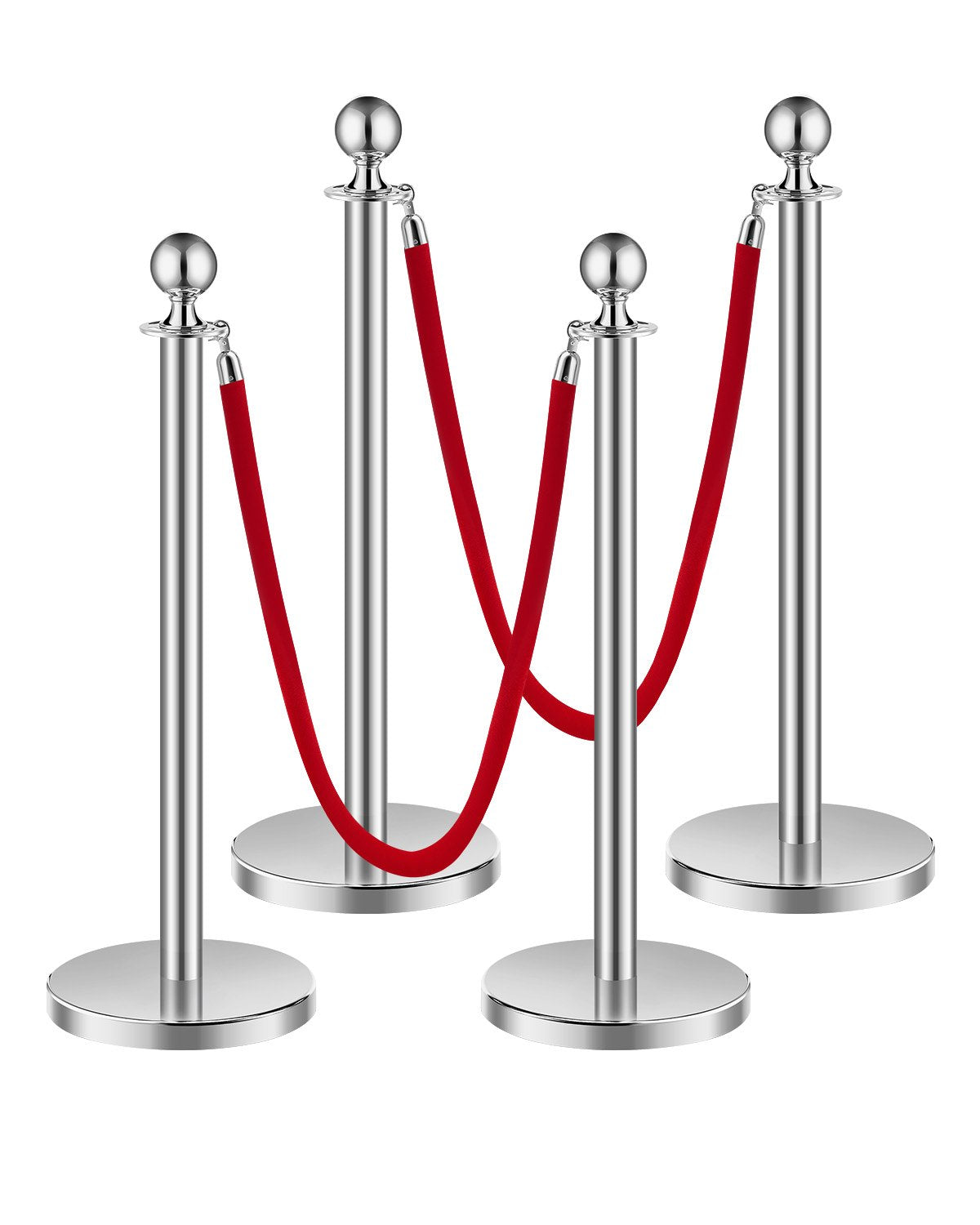 VEVOR 4 Pcs Silver Stanchion Post 2 Red Velvet Ropes Sand Injection Hollow Base 