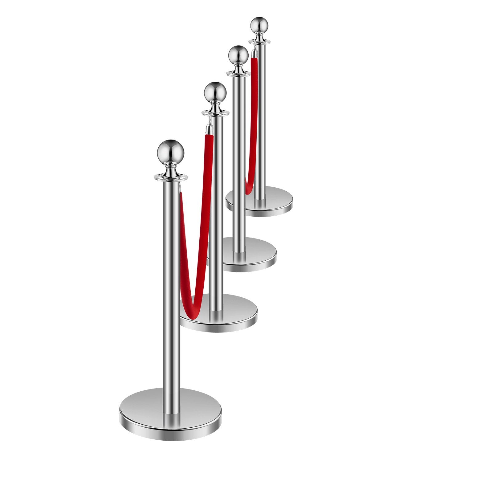 VEVOR 4 Pcs Silver Stanchion Post 2 Red Velvet Ropes Sand Injection Hollow Base 