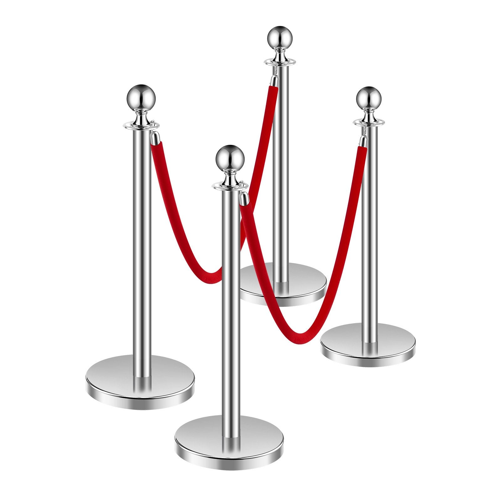 VEVOR 4 Pcs Silver Stanchion Post 2 Red Velvet Ropes Sand Injection Hollow Base 