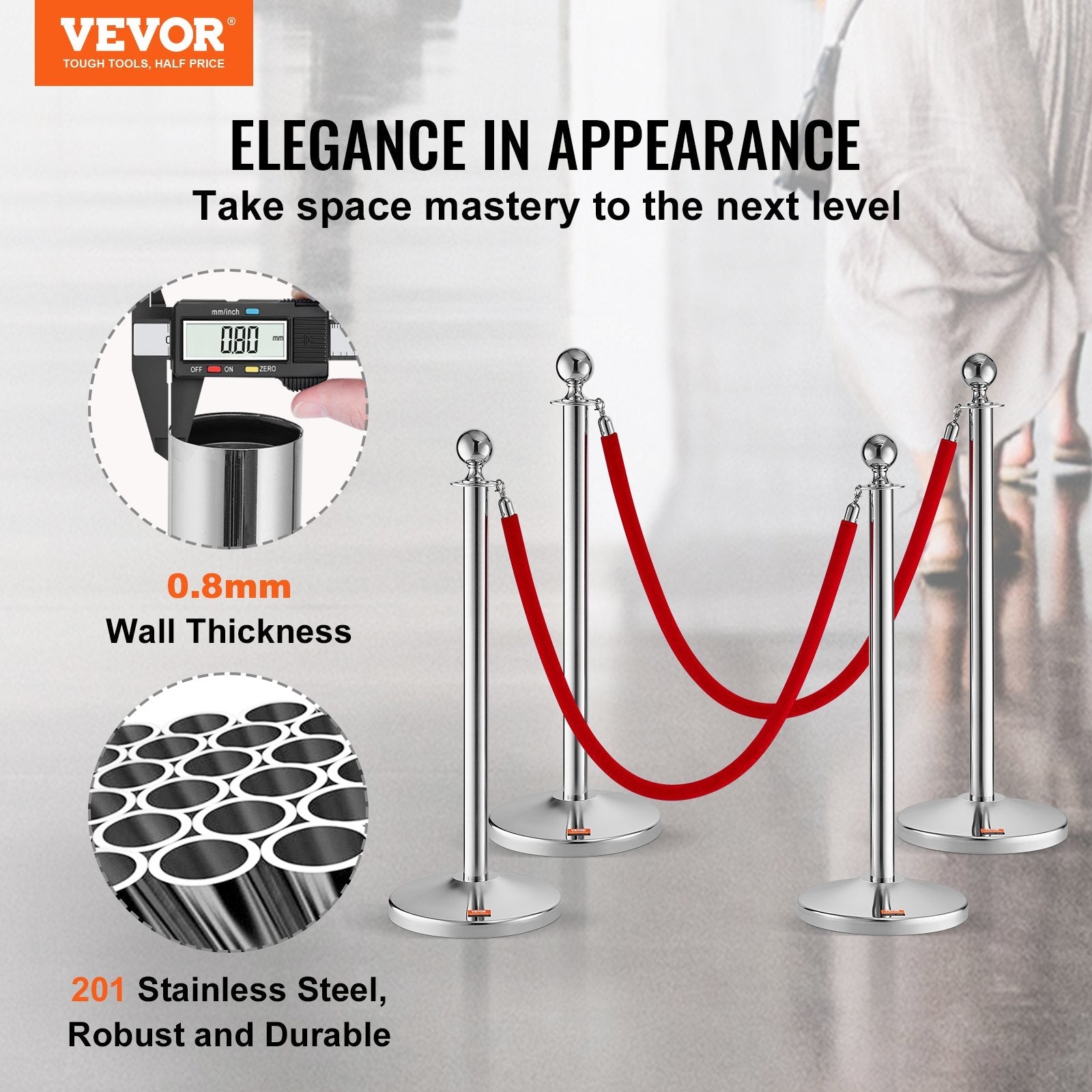 VEVOR Stanchion Post with Velvet Rope, 4-Pack Crowd Control Stanchion with 2PCS 5FT Red Velvet Ropes, Stainless Steel Queue Barrier Line Divider with Fillable Plastic Base, Ball Top for Wedding Museum 