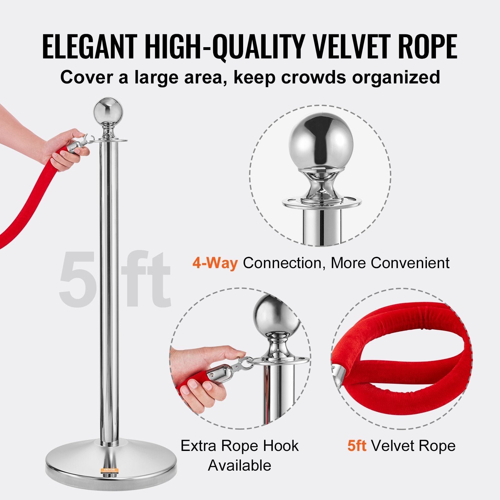 VEVOR Stanchion Post with Velvet Rope, 4-Pack Crowd Control Stanchion with 2PCS 5FT Red Velvet Ropes, Stainless Steel Queue Barrier Line Divider with Fillable Plastic Base, Ball Top for Wedding Museum 