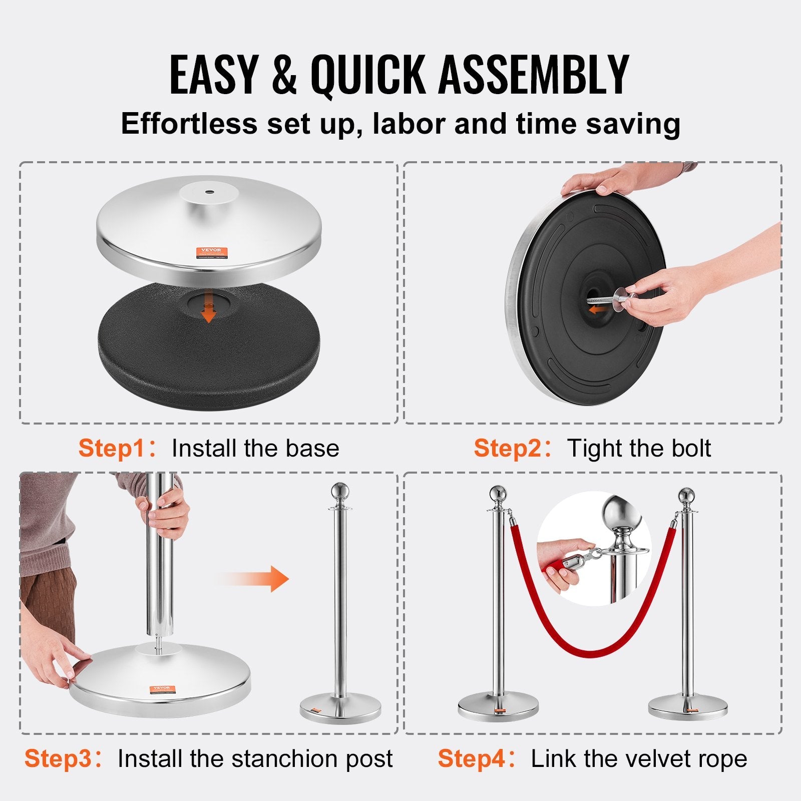 VEVOR Stanchion Post with Velvet Rope, 4-Pack Crowd Control Stanchion with 2PCS 5FT Red Velvet Ropes, Stainless Steel Queue Barrier Line Divider with Fillable Plastic Base, Ball Top for Wedding Museum 