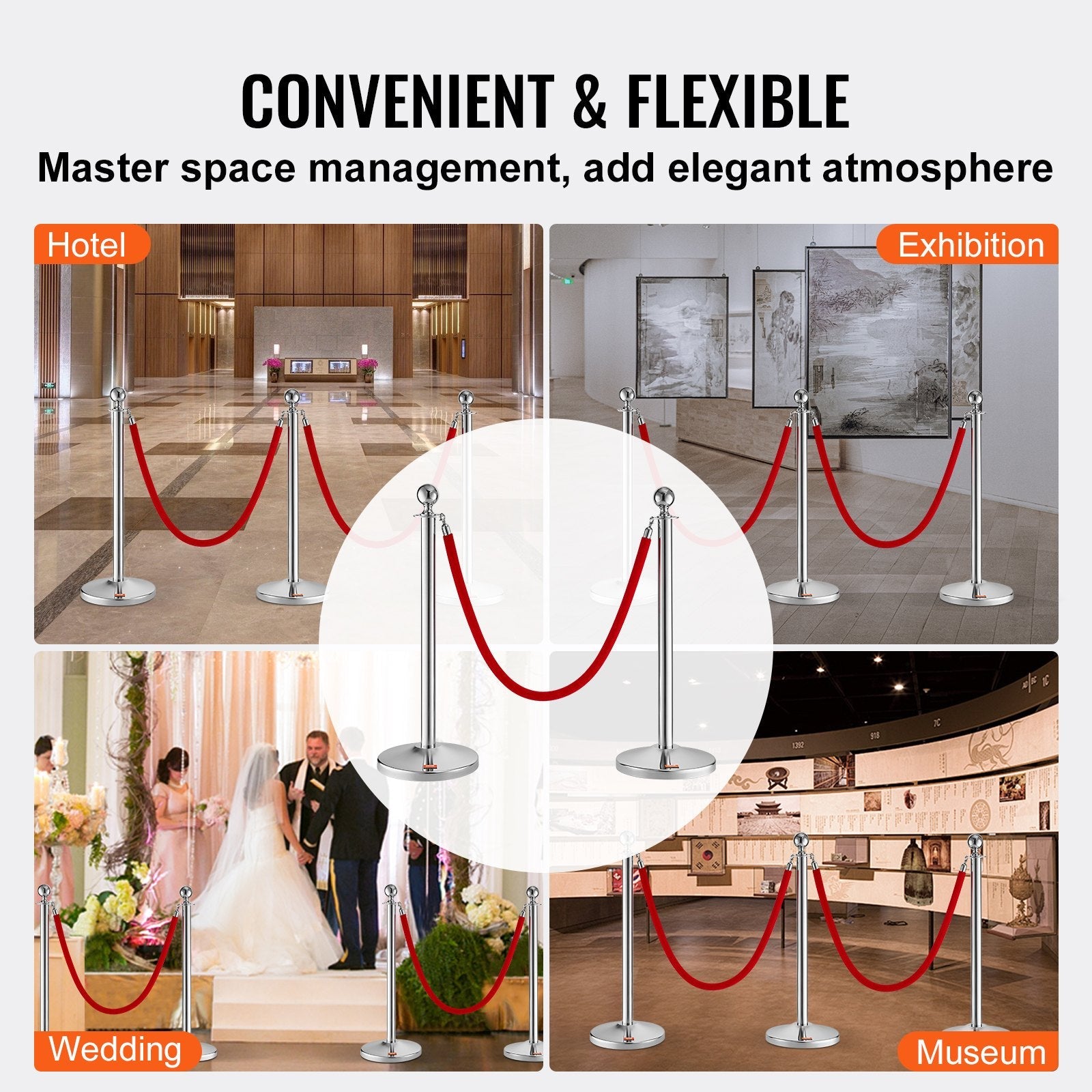VEVOR Stanchion Post with Velvet Rope, 4-Pack Crowd Control Stanchion with 2PCS 5FT Red Velvet Ropes, Stainless Steel Queue Barrier Line Divider with Fillable Plastic Base, Ball Top for Wedding Museum 