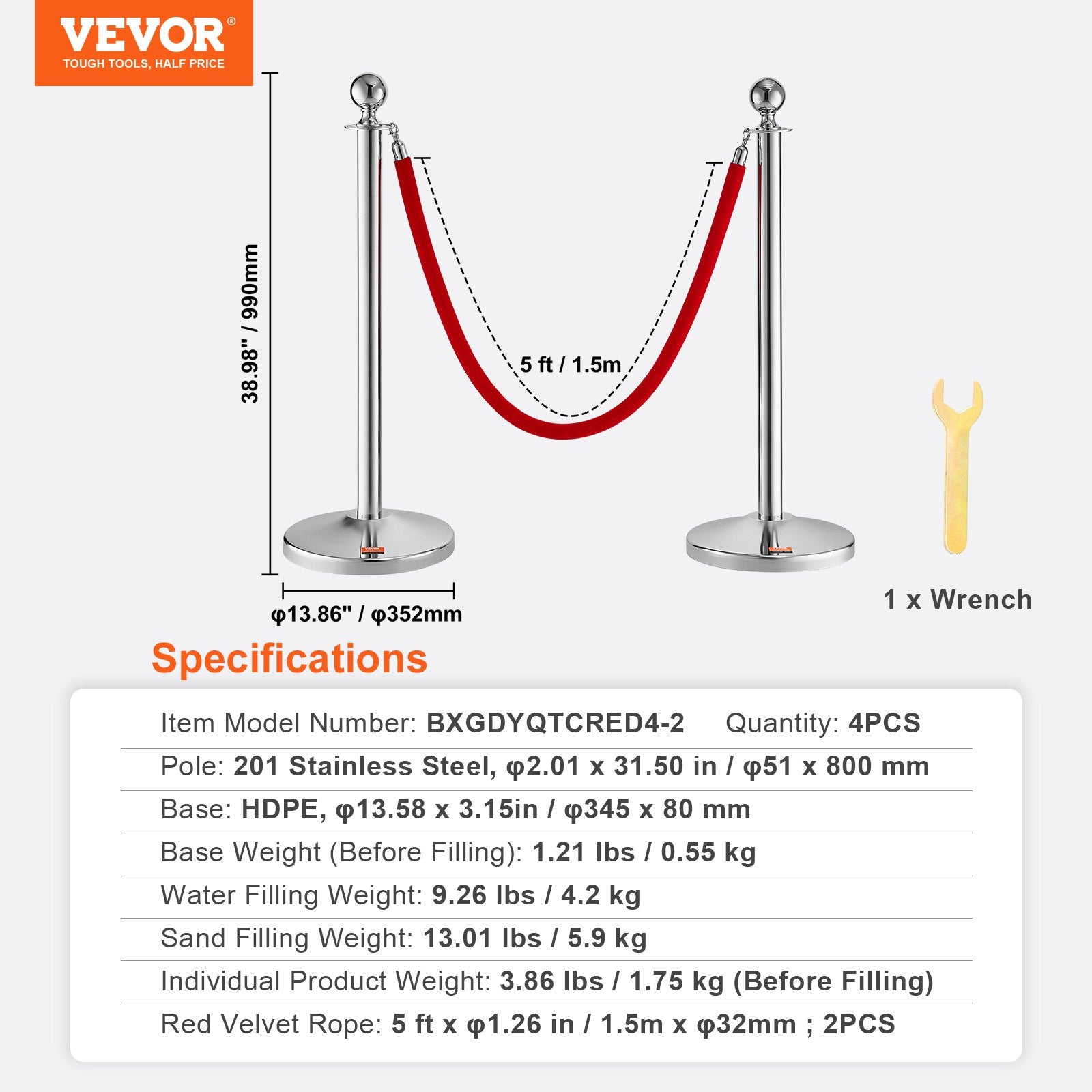 VEVOR Stanchion Post with Velvet Rope, 4-Pack Crowd Control Stanchion with 2PCS 5FT Red Velvet Ropes, Stainless Steel Queue Barrier Line Divider with Fillable Plastic Base, Ball Top for Wedding Museum 