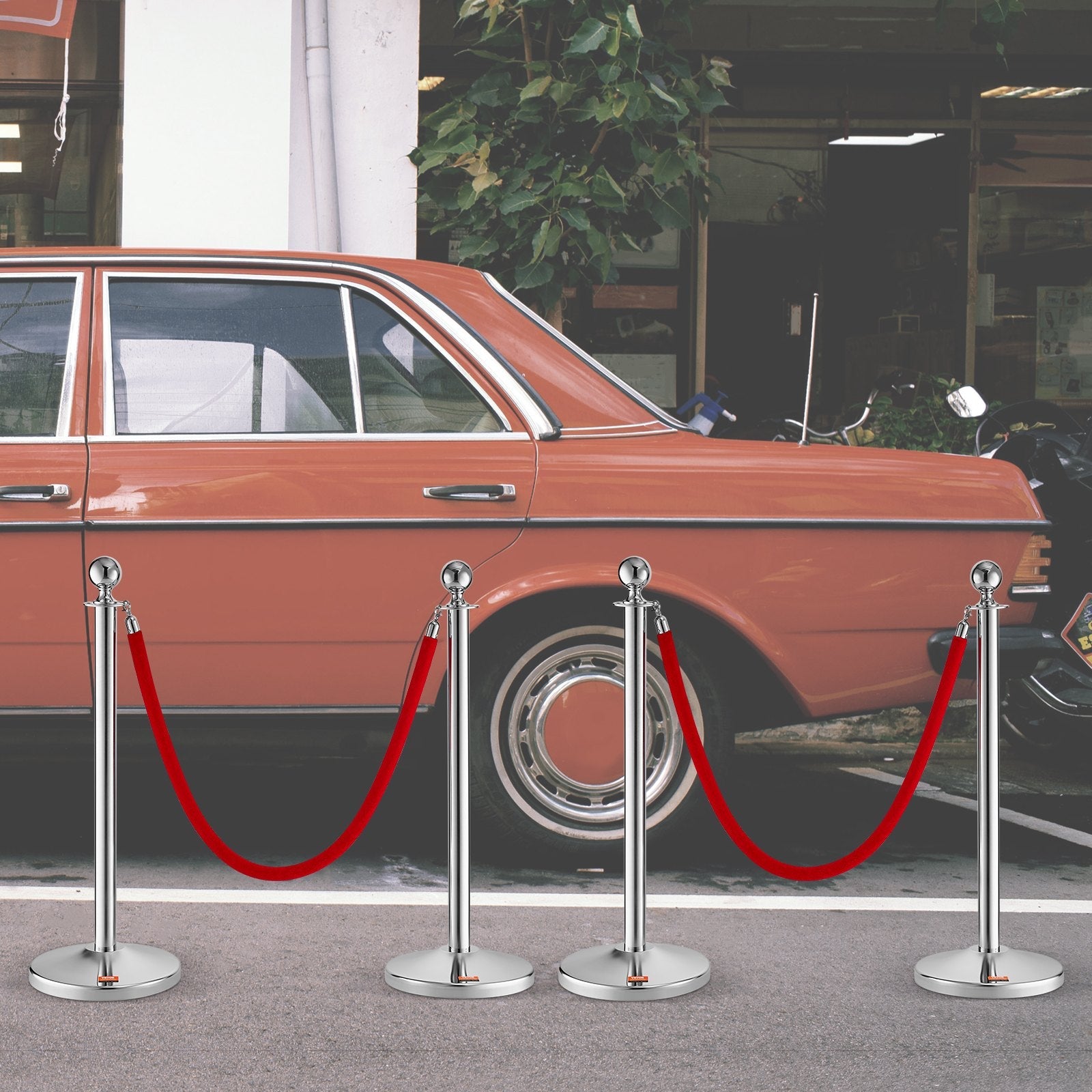 VEVOR Stanchion Post with Velvet Rope, 4-Pack Crowd Control Stanchion with 2PCS 5FT Red Velvet Ropes, Stainless Steel Queue Barrier Line Divider with Fillable Plastic Base, Ball Top for Wedding Museum 