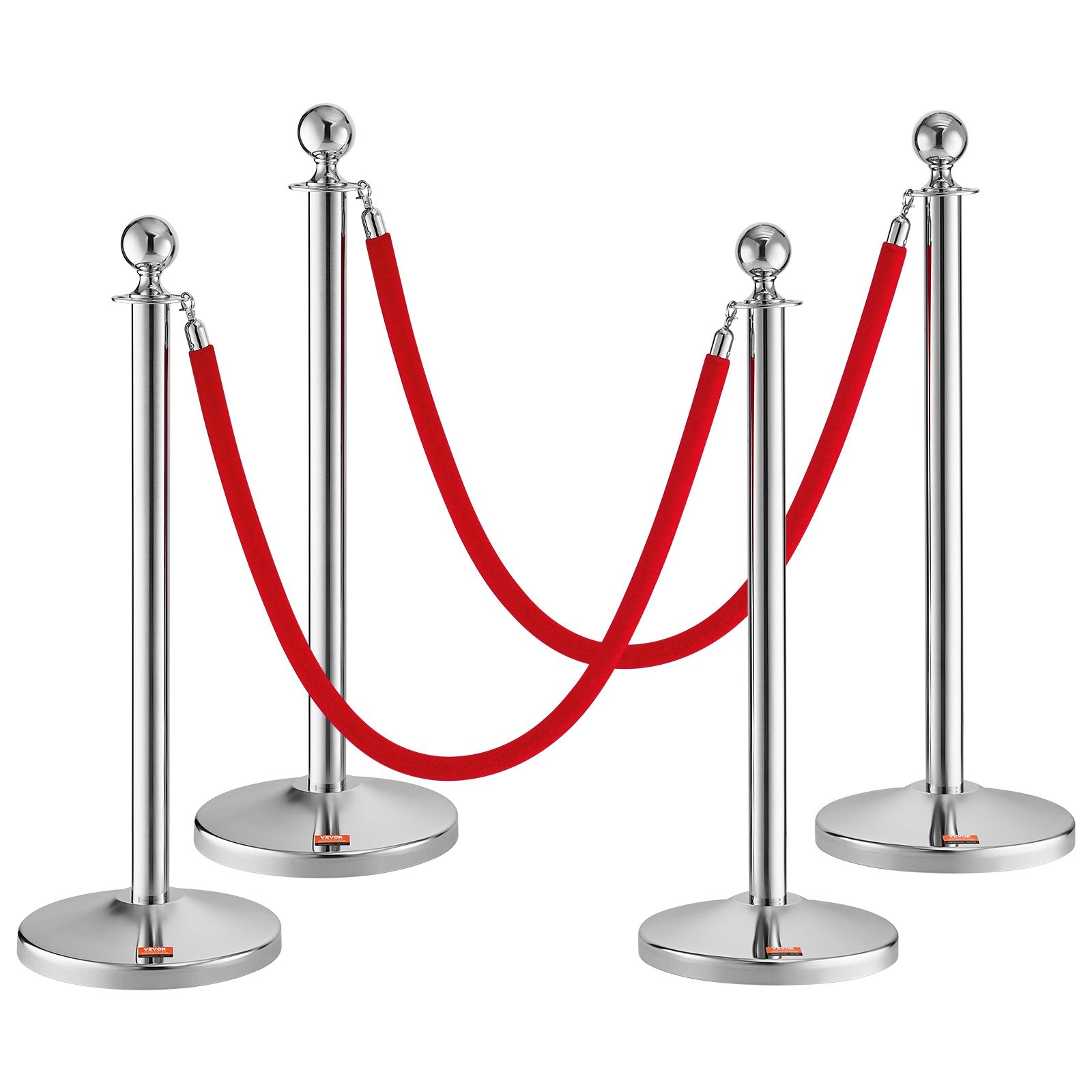 VEVOR Stanchion Post with Velvet Rope, 4-Pack Crowd Control Stanchion with 2PCS 5FT Red Velvet Ropes, Stainless Steel Queue Barrier Line Divider with Fillable Plastic Base, Ball Top for Wedding Museum 