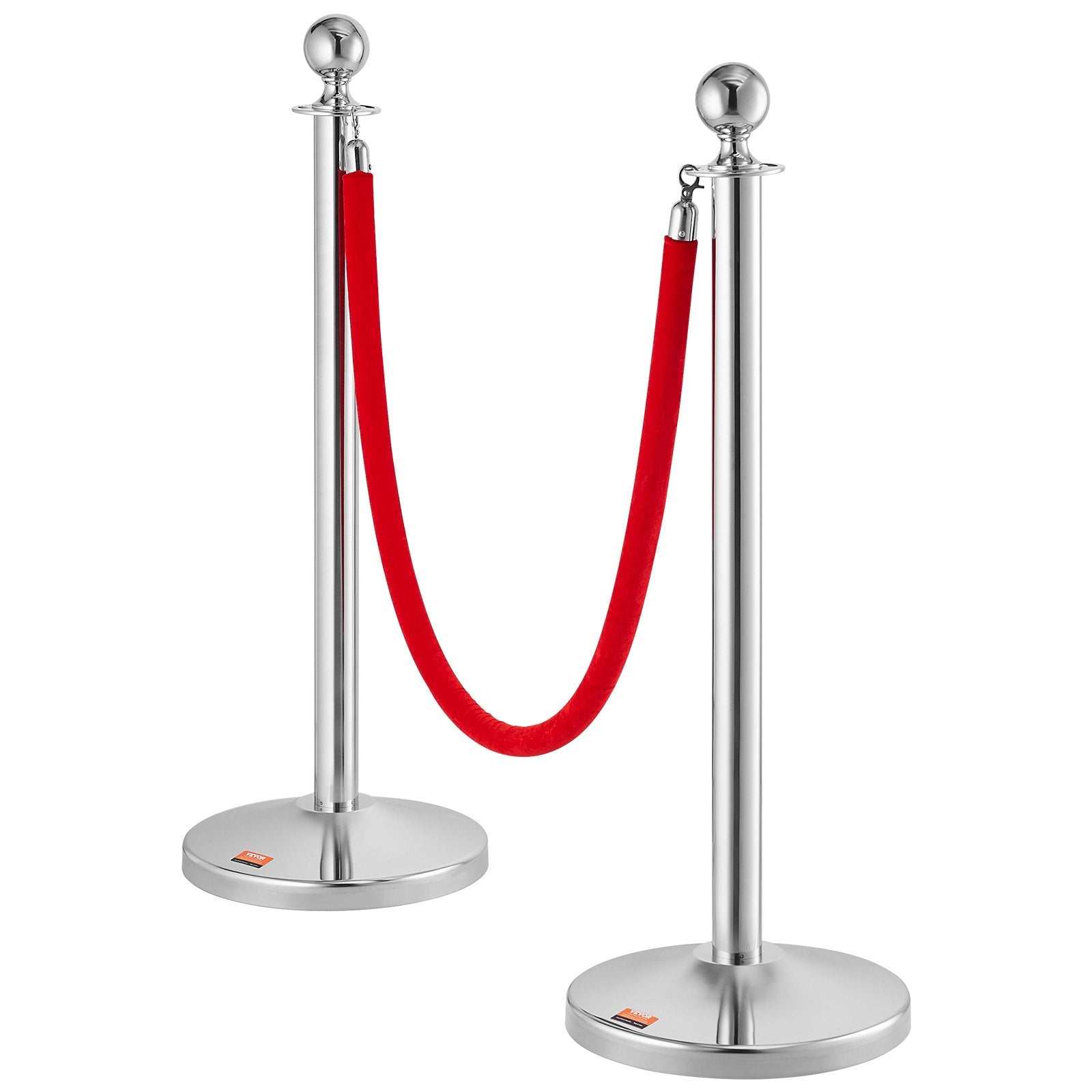 VEVOR Stanchion Post with Velvet Rope, 4-Pack Crowd Control Stanchion with 2PCS 5FT Red Velvet Ropes, Stainless Steel Queue Barrier Line Divider with Fillable Plastic Base, Ball Top for Wedding Museum 