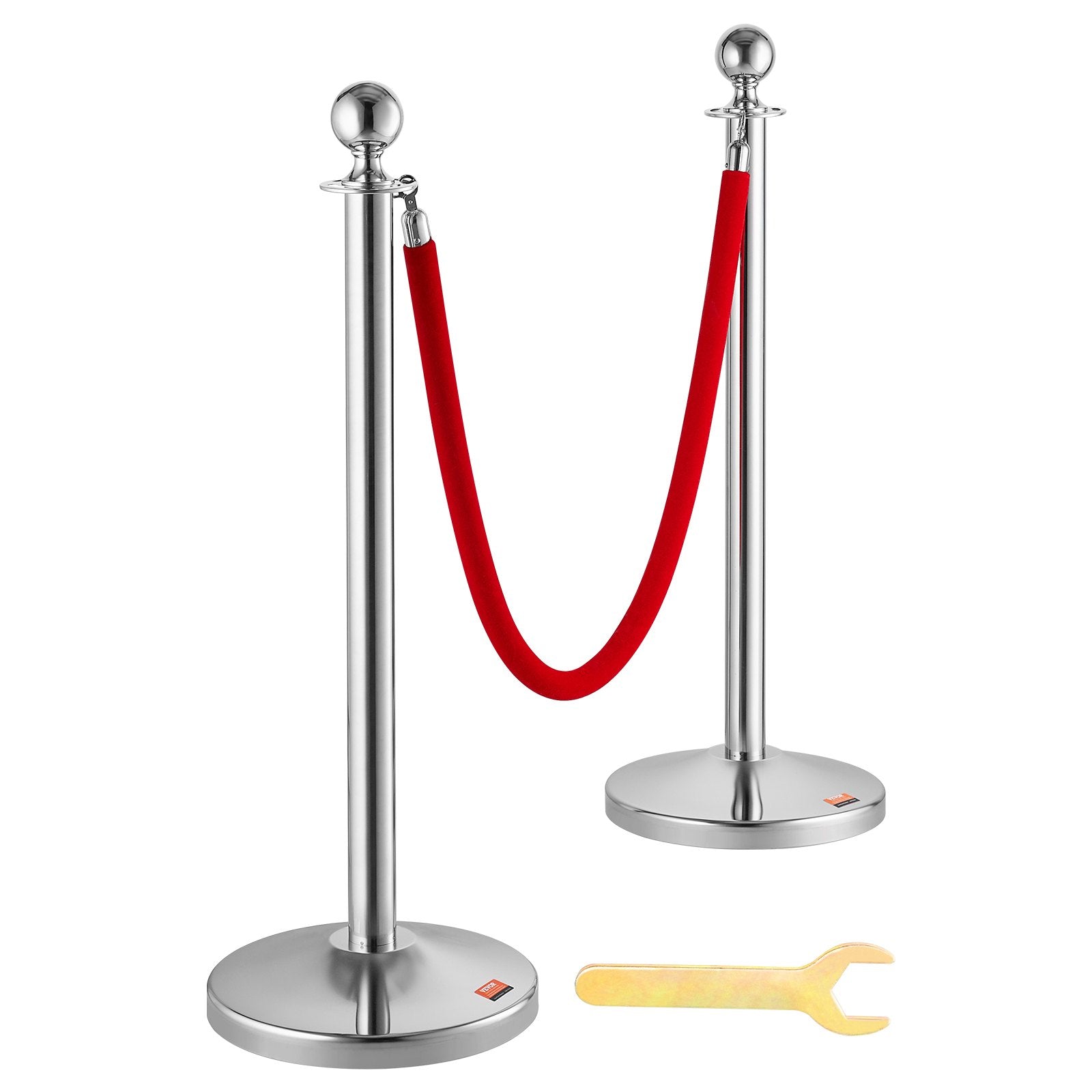 VEVOR Stanchion Post with Velvet Rope, 4-Pack Crowd Control Stanchion with 2PCS 5FT Red Velvet Ropes, Stainless Steel Queue Barrier Line Divider with Fillable Plastic Base, Ball Top for Wedding Museum 